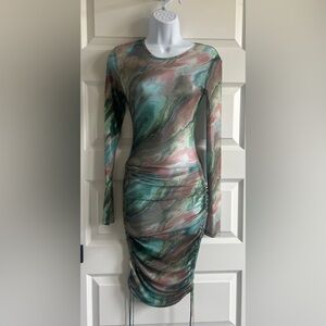 BEIGE BOTANY Marbled Long-Sleeve Ruched Sheer Bodycon Dress Size Small